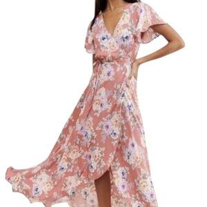 AUGUSTE Pascal Muse‎ Feminine Romantic Floral Maxi Wrap Dress Rose US 4 NWT